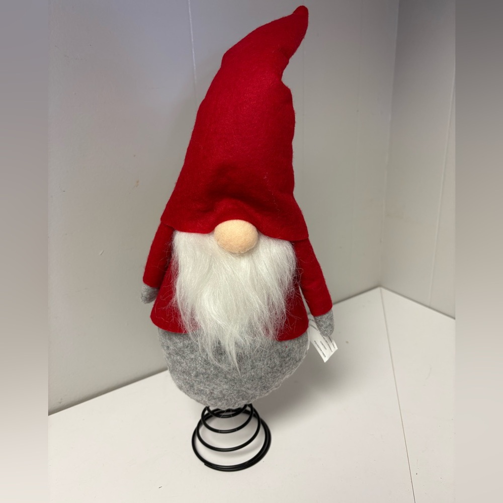 Pottery Barn Felt Gnome Tree Topper in Box Whimsical Red Grey and White